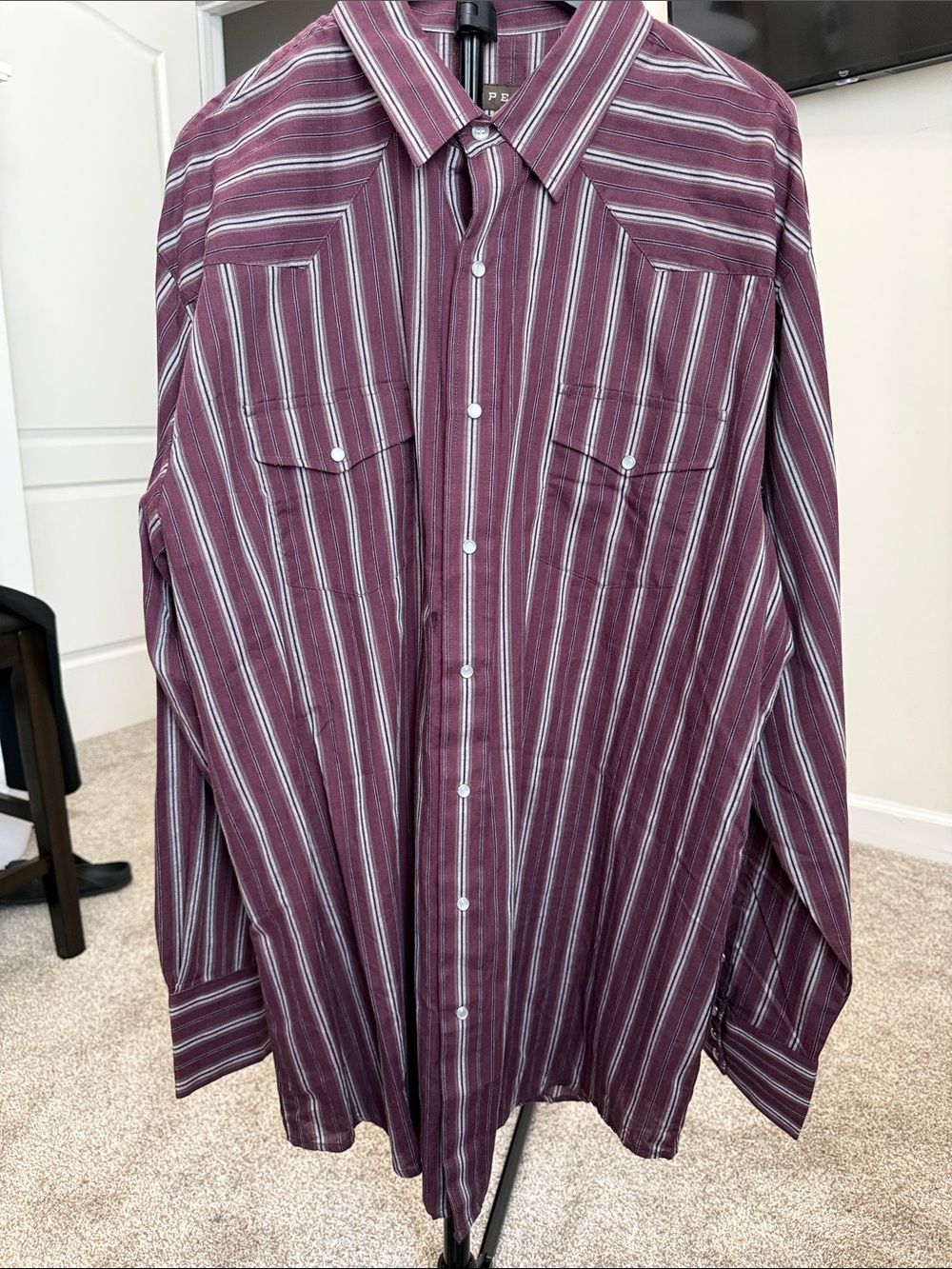 Men's Long-Sleeve Striped Button-Up Shirt - Burgundy